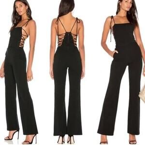 Haute Hippie Formal Jumpsuit Black 6 Wide Leg Lace Up Back Zip Sleeveless Strapp